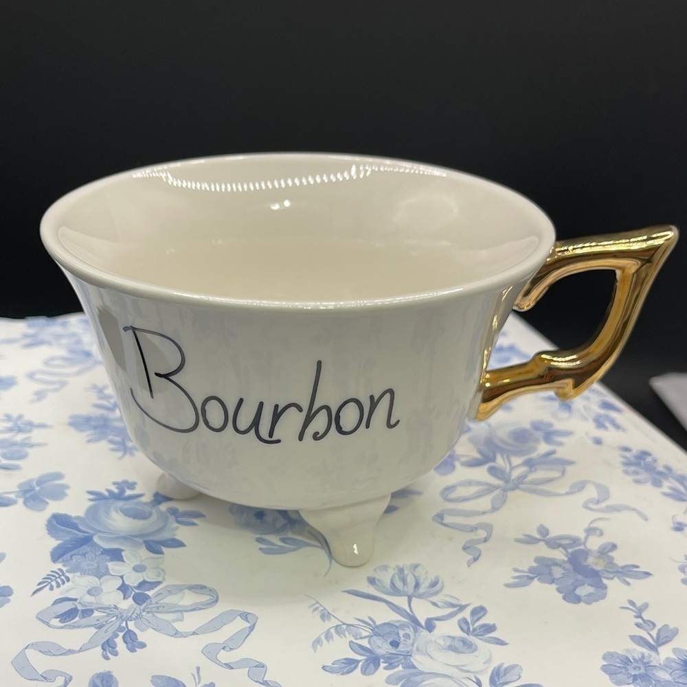 Stoneware Bourbon Ceramic Cup Gold Handle Script Font Footed Shabby Chic Barware